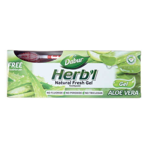 Dabur Herb'l Aloe Vera Gel Toothpaste with Toothbrush/Дабур Зубной Гель-Паста Обеззараживающий с Алоэ Вера + Зубная Щётка Ср. Жесткости фото 3